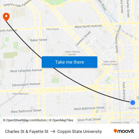 Charles St & Fayette St to Coppin State University map