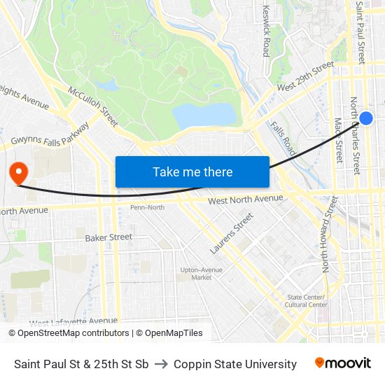 Saint Paul St & 25th St Sb to Coppin State University map