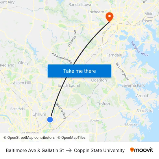 Baltimore Ave & Gallatin St to Coppin State University map