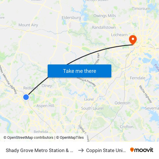 Shady Grove Metro Station & Bus Bay C to Coppin State University map