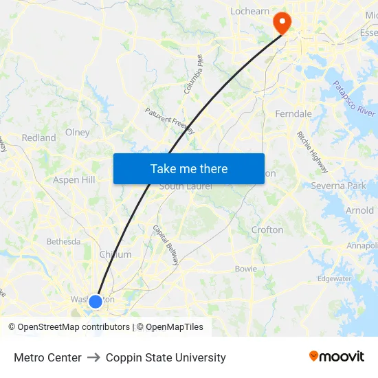 Metro Center to Coppin State University map