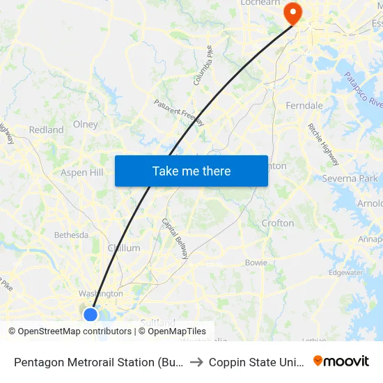 Pentagon Metrorail Station (Bus Bay L7) to Coppin State University map