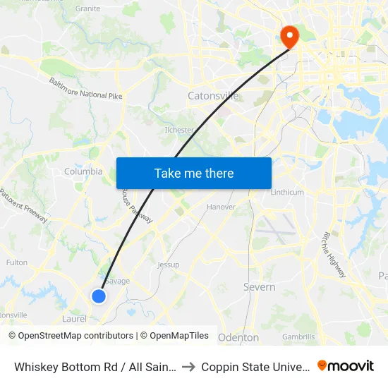 Whiskey Bottom Rd / All Saints Rd to Coppin State University map