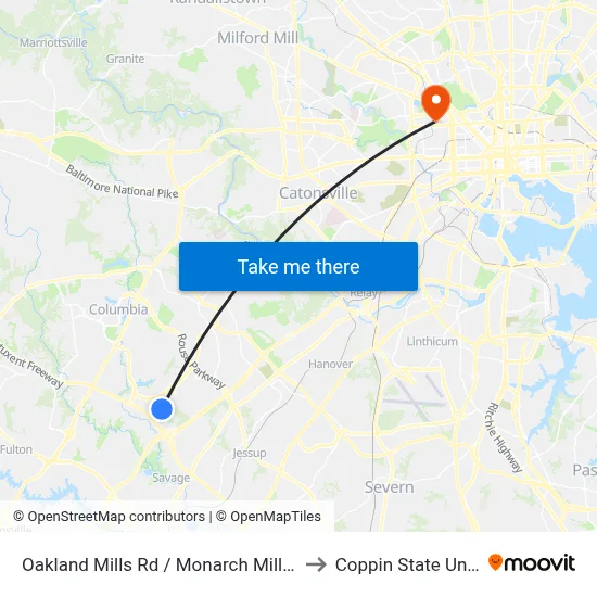 Oakland Mills Rd / Monarch Mills Way South to Coppin State University map