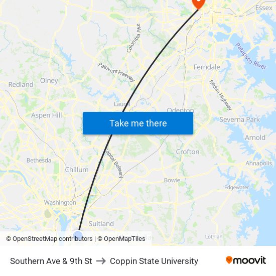 Southern Ave & 9th St to Coppin State University map