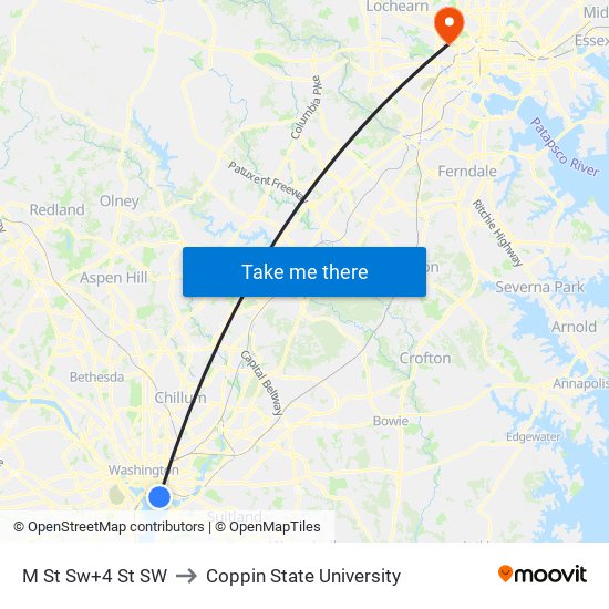 M St Sw+4 St SW to Coppin State University map