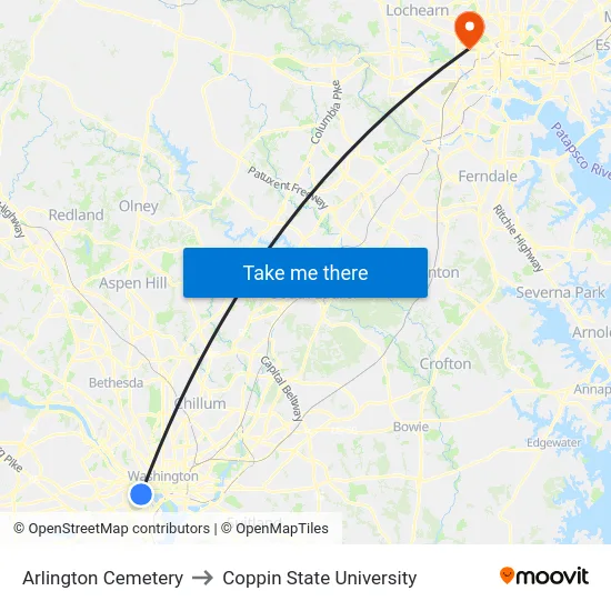 Arlington Cemetery to Coppin State University map