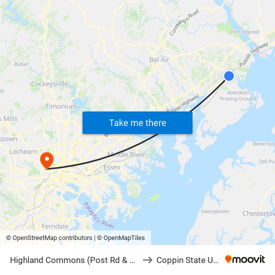 Highland Commons (Post Rd & Roosevelt Ave) to Coppin State University map