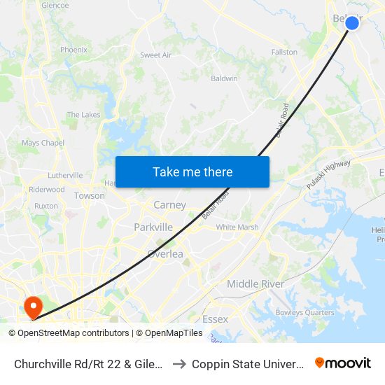 Churchville Rd/Rt 22 & Giles St to Coppin State University map