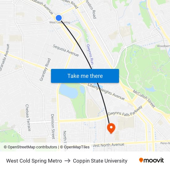 West Cold Spring Metro to Coppin State University map