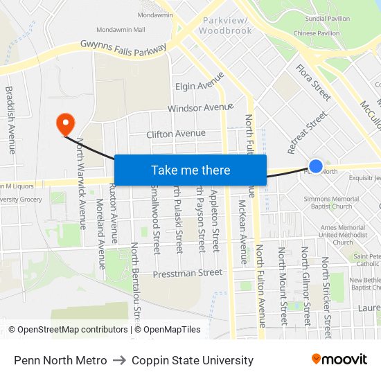 Penn North Metro to Coppin State University map