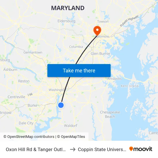 Oxon Hill Rd & Tanger Outlets to Coppin State University map