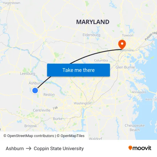 Ashburn to Coppin State University map