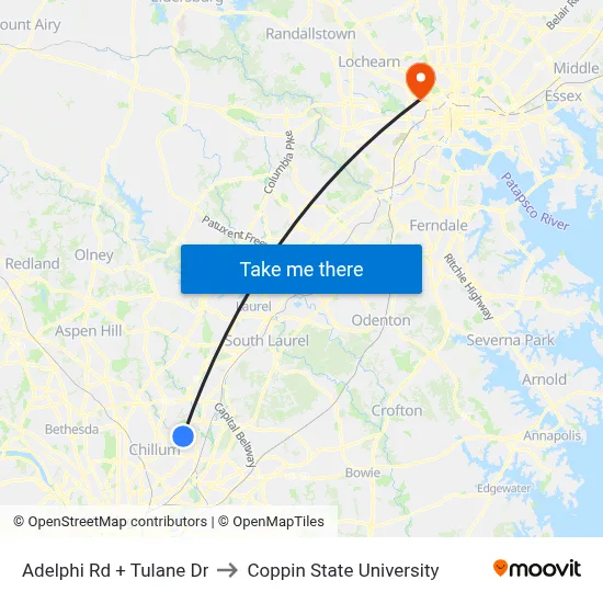 Adelphi Rd + Tulane Dr to Coppin State University map