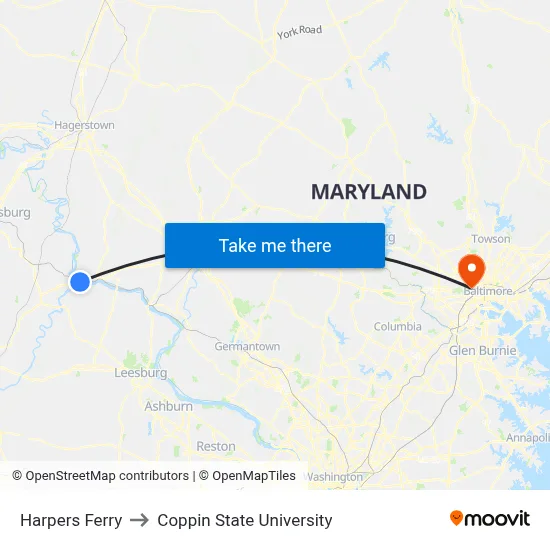 Harpers Ferry to Coppin State University map