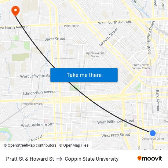 Pratt St & Howard St to Coppin State University map