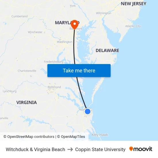 Witchduck & Virginia Beach to Coppin State University map