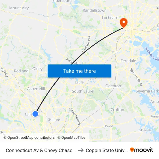 Connecticut Av & Chevy Chase Lake Dr to Coppin State University map