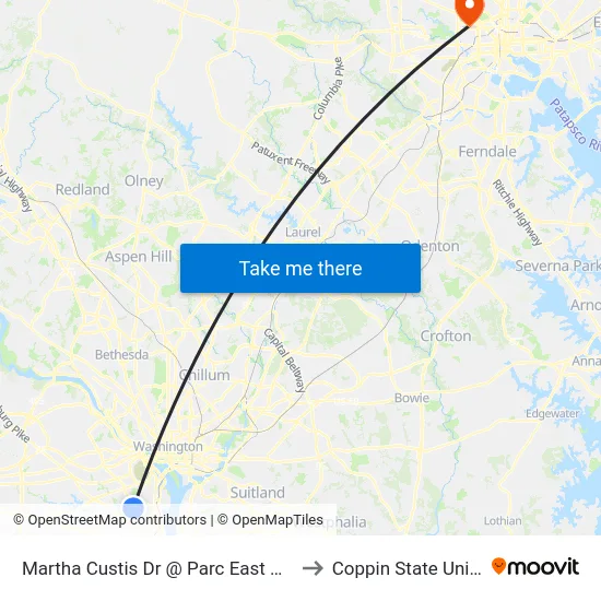 Martha Custis Dr @ Parc East Apts #1225 to Coppin State University map