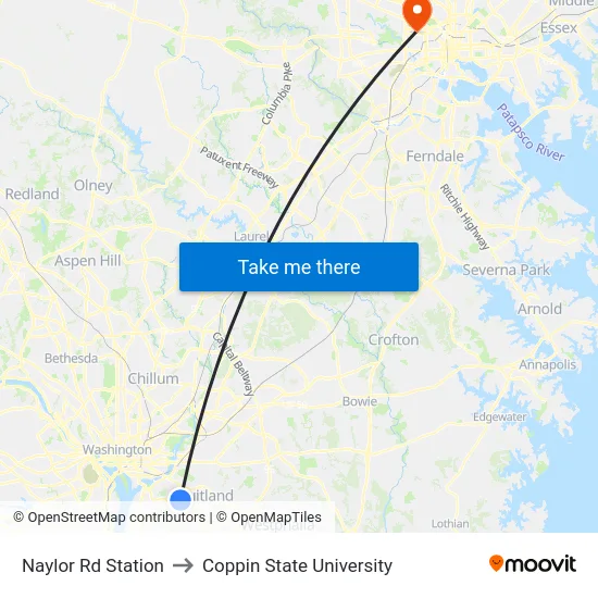 Naylor Rd Station to Coppin State University map