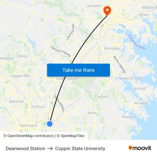Deanwood Station to Coppin State University map