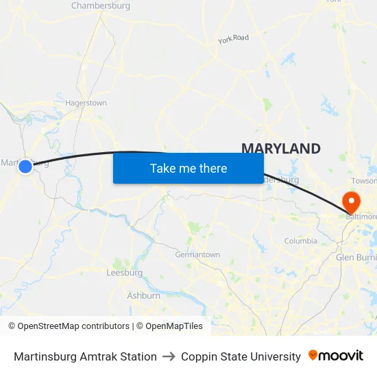 Martinsburg Amtrak Station to Coppin State University map