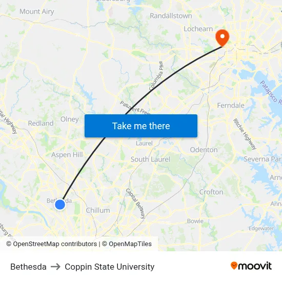 Bethesda to Coppin State University map