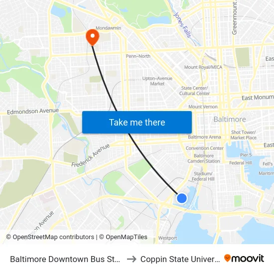 Baltimore Downtown Bus Station to Coppin State University map