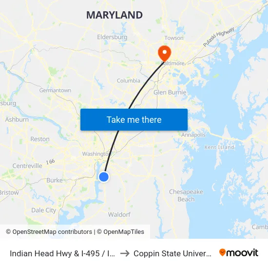 Indian Head Hwy & I-495 / I-95 to Coppin State University map