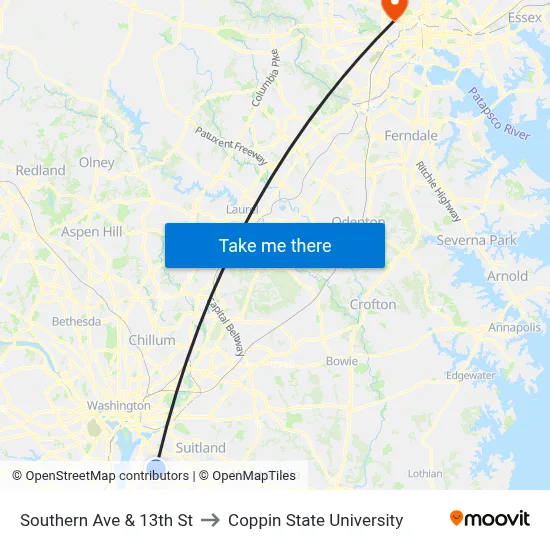 Southern Ave & 13th St to Coppin State University map