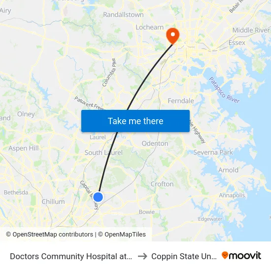 Doctors Community Hospital at Bus Shelter to Coppin State University map
