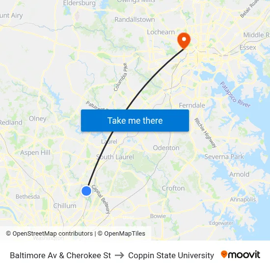 Baltimore Av & Cherokee St to Coppin State University map