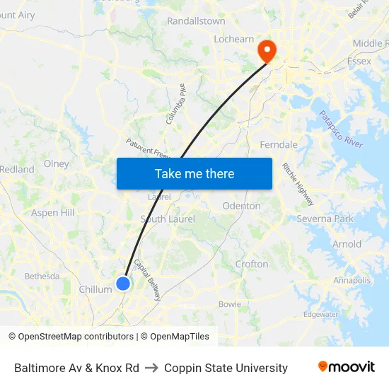 Baltimore Av & Knox Rd to Coppin State University map