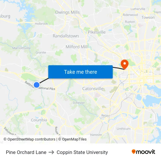 Pine Orchard Lane to Coppin State University map