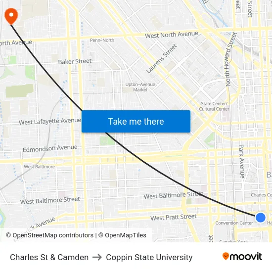 Charles St & Camden to Coppin State University map