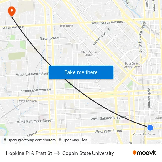 Hopkins Pl & Pratt St to Coppin State University map