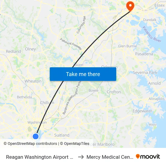 Reagan Washington Airport DCA to Mercy Medical Center map