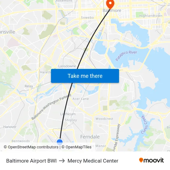Baltimore Airport BWI to Mercy Medical Center map