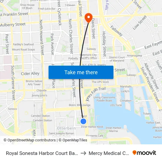Royal Sonesta Harbor Court Baltimore to Mercy Medical Center map