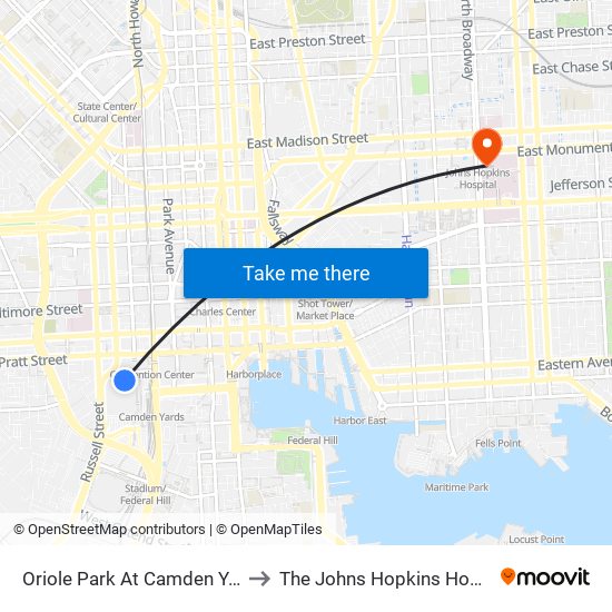 Oriole Park At Camden Yards to The Johns Hopkins Hospital map