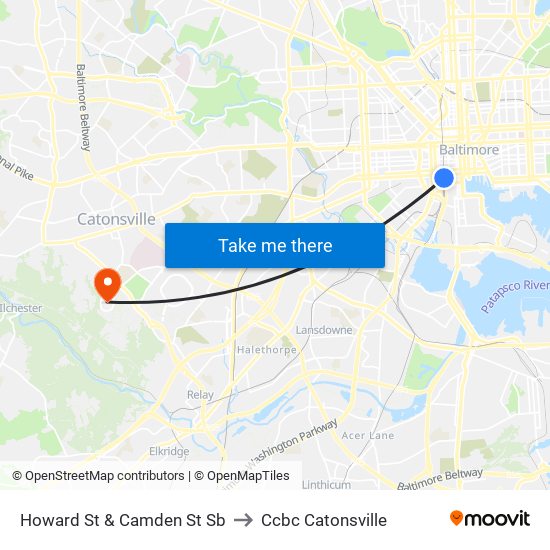 Howard St & Camden St Sb to Ccbc Catonsville map