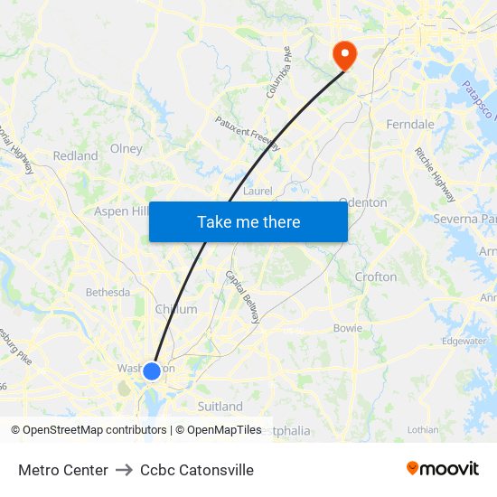 Metro Center to Ccbc Catonsville map