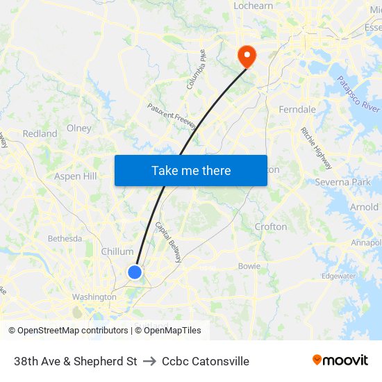 38th Ave & Shepherd St to Ccbc Catonsville map