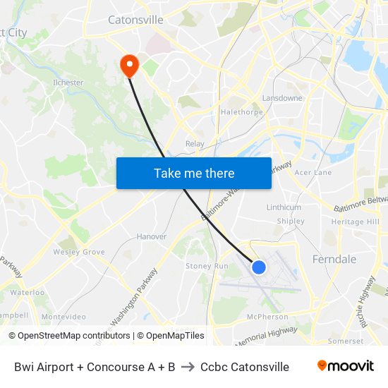 Bwi Airport + Concourse A + B to Ccbc Catonsville map