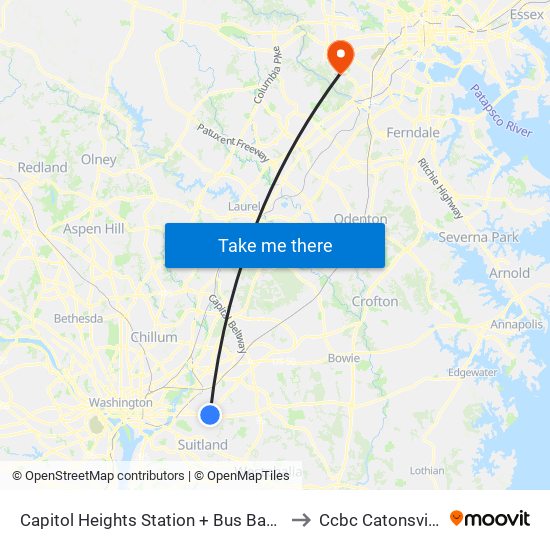 Capitol Heights Station + Bus Bay B to Ccbc Catonsville map