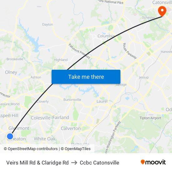 Veirs Mill Rd & Claridge Rd to Ccbc Catonsville map