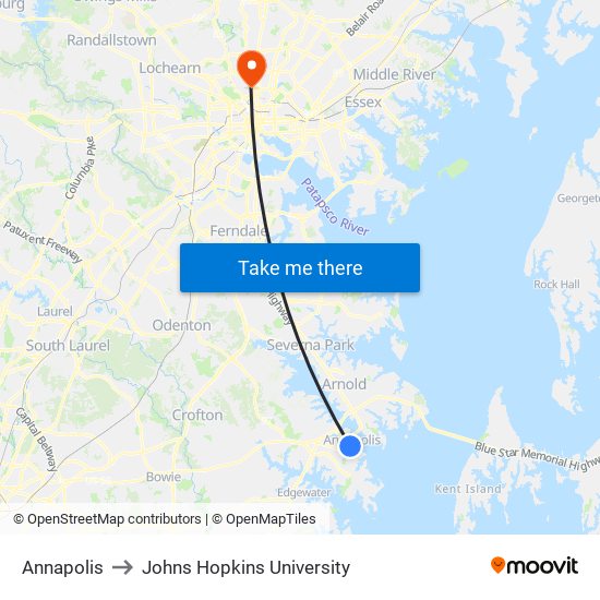 Annapolis to Johns Hopkins University map