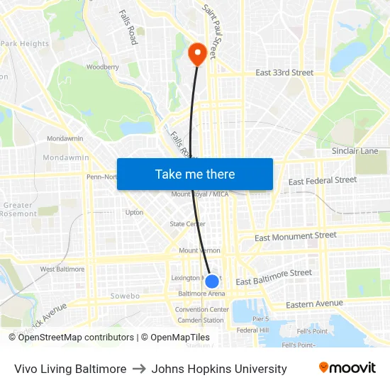 Vivo Living Baltimore to Johns Hopkins University map