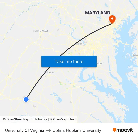 University Of Virginia to Johns Hopkins University map