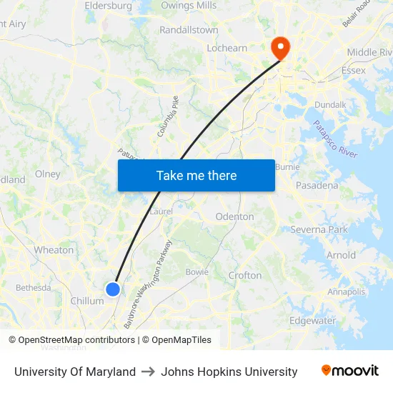 University Of Maryland to Johns Hopkins University map